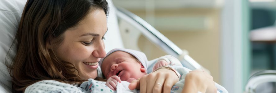 Junge Mutter mit Säugling nach Geburt