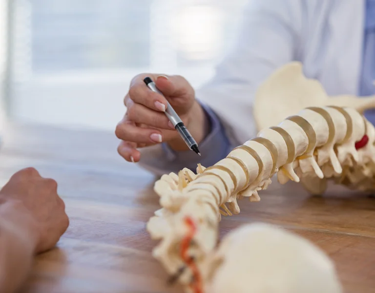 Ärztin erklärt Anatomie der Wirbelsäule an Modell