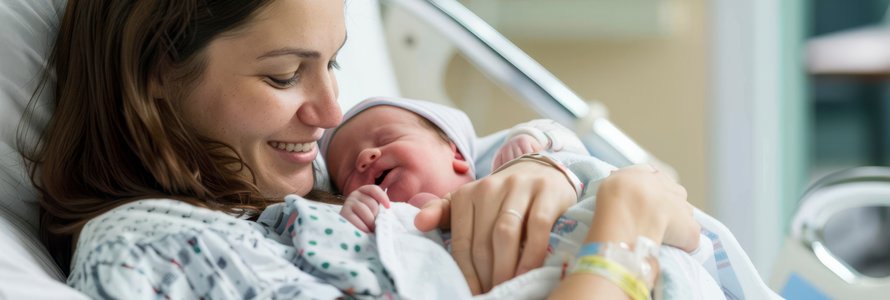 Junge Mutter mit Säugling nach Geburt