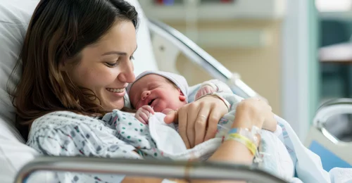 Junge Mutter mit Säugling nach Geburt